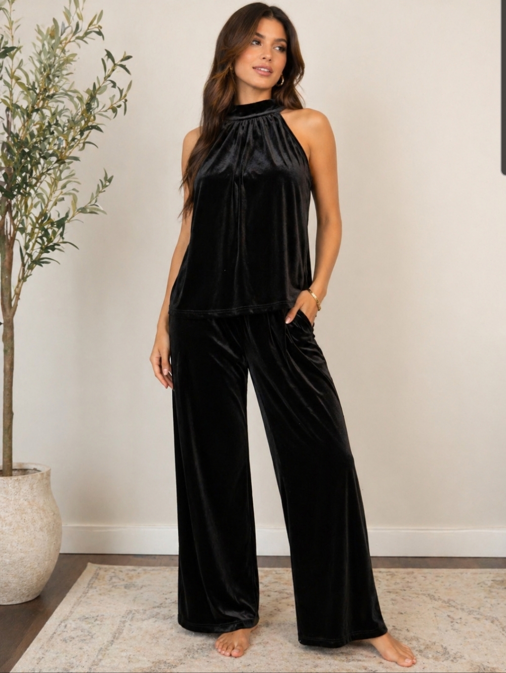Black Velvet High Neck Sleeveless Top And Pants Size Small Oversize